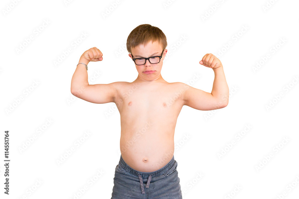 Fototapeta premium Boy With Downs Syndrome Flexing His Muscles