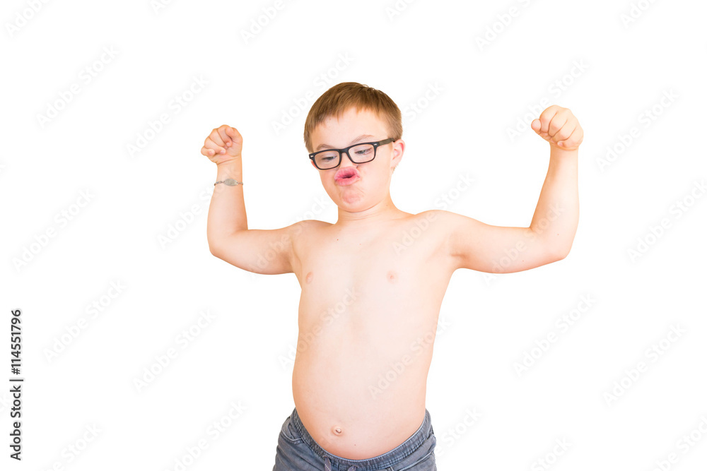 Boy With Downs Syndrome Flexing His Muscles