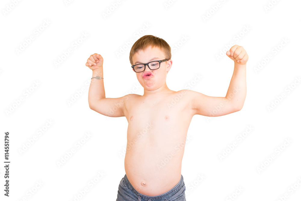 Fototapeta premium Boy With Downs Syndrome Flexing His Muscles