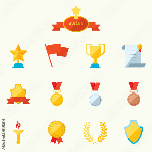 Set of flat vector icons sports awards achievements and trophy