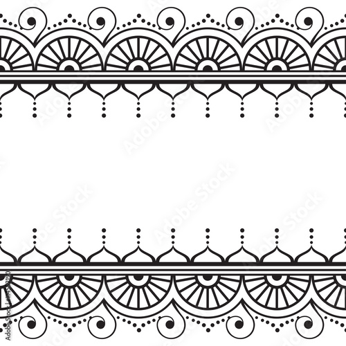 Indian, Mehndi Henna line lace element with circles and waves pattern card for tattoo on white background