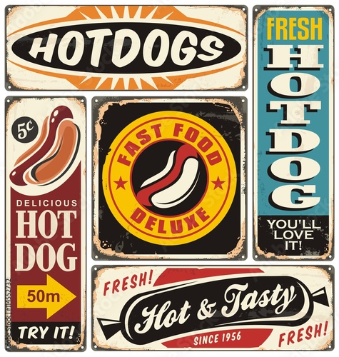 Plakat Vintage znaki kolekcja z hotdogs na starym uszkodzonym tle metalu