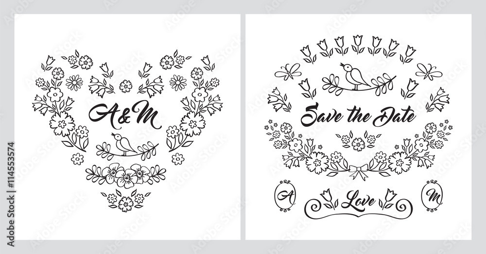 Set of wedding invitation cards. Doodles, sketch. Vector illustration.