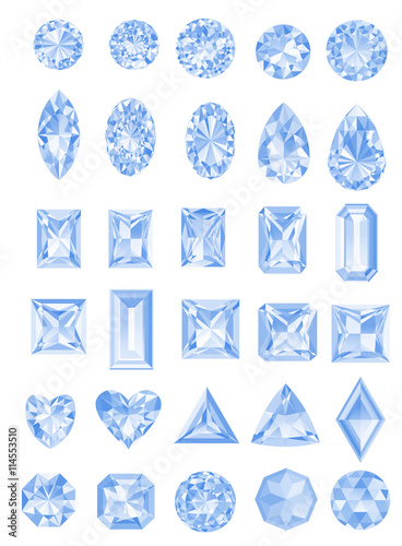 Set of realistic jewels isolated on white background with different cuts. Princess cut jewel. Round cut jewel. Emerald cut jewel. Oval cut jewel. Pear cut jewel . Heart cut jewel.