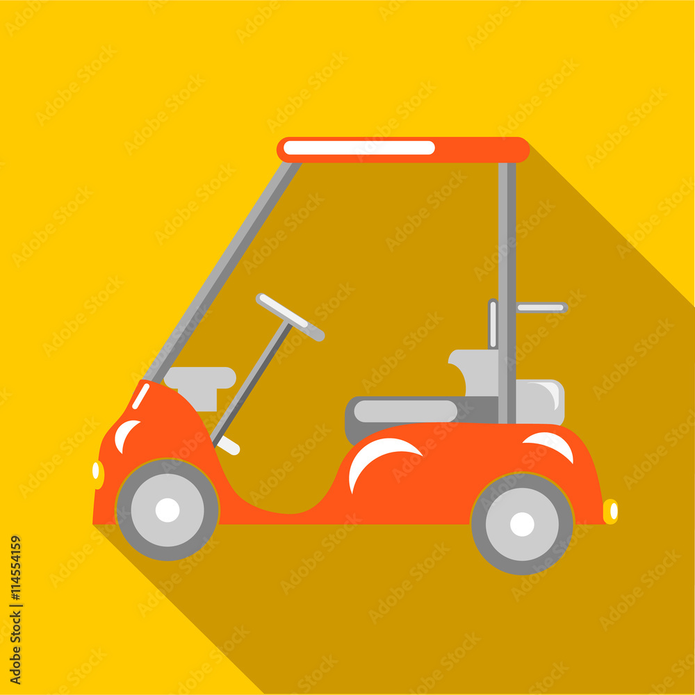 Orange golf car icon, flat style Orange golf car icon, flat style