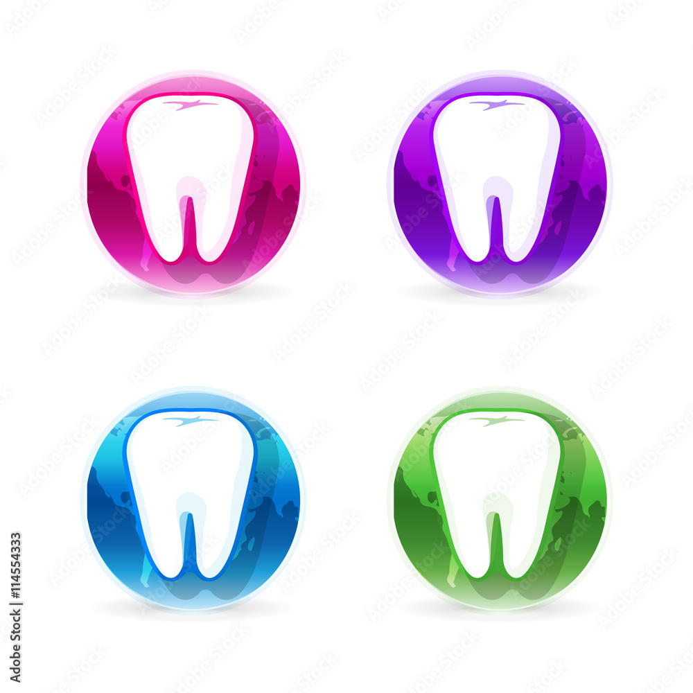 Isolated white tooth vector logo set. Round shape. Tooth hygiene logotype collection on the white background. Dental implants icons group. Caries treatment sign. Isolated white tooth vector logo set. Round shape. Tooth hygiene logotype collection on the white background. Dental implants icons group. Caries treatment sign.