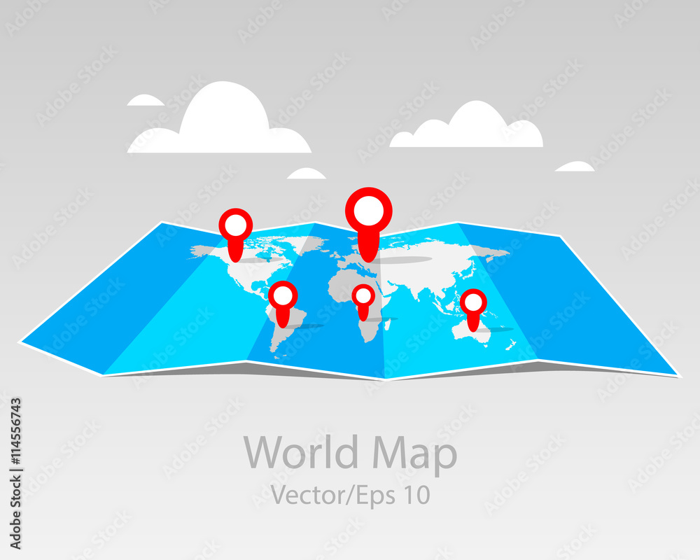 Folded maps, vector world map with infographic. With point markers ...