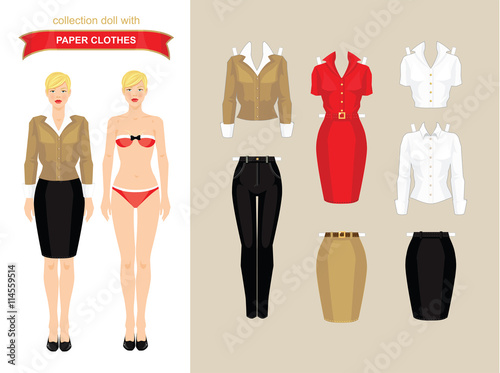 Paper doll with clothes. Body template. Set of paper clothes. Clothes for office and for holiday. 