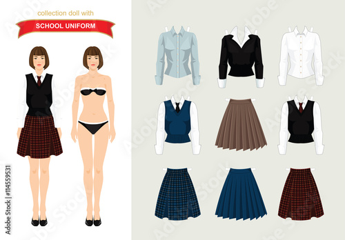 Paper doll with clothes. Body template. Set of paper clothes. Young school or student girl in uniform. Various color of formal clothes for school or college. Skirt with tartan pattern