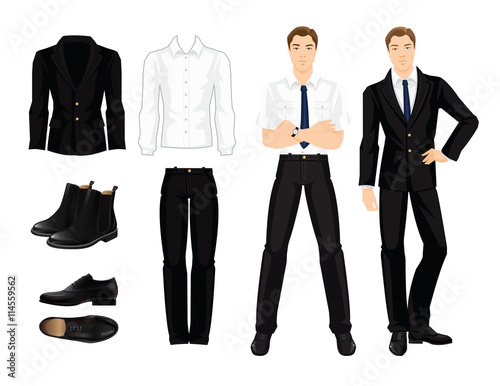 Vector illustration of corporate dress code. Office uniform. Clothes for business man. Business man or professor in official black formal suit. Base wardrobe. Pair of black shoes. 