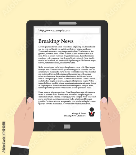 Hands holding electronic book or smart-phone, flat design concept. Using e-book, eps 10 vector illustration. Man reading news online. Person in suit holding tablet or smart phone with text on it.