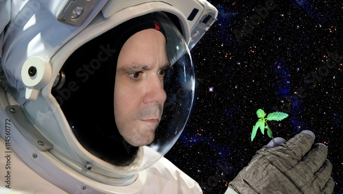 astronaut holding a small herb in glove on background of stars