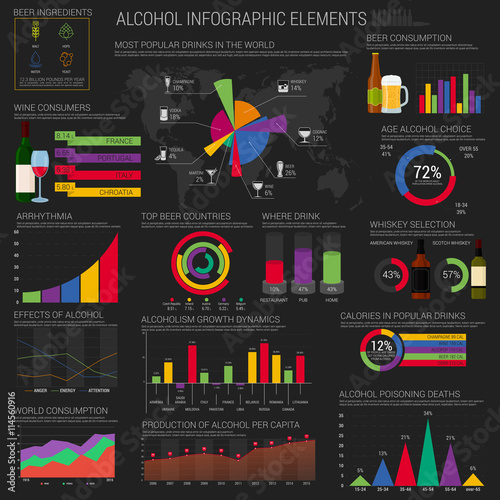 Alcohol infographic elements template or layout with round and bar, circle and conic charts near bottles and glasses of beer and champagne, vodka and cognac, martini and tequila, world map