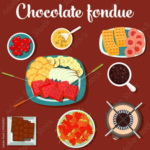 Melted chocolate fondue with cookies and strawberry, lemon on plate. For menu design or restaurant usage