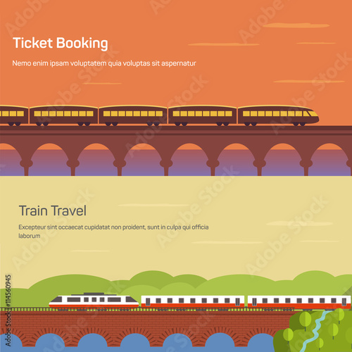 Panorama or side view of train or locomotive with wagons on bridge above river or lake at sunset and forest landscape. Concept of intercity traveling or ticket booking, tourism or journey