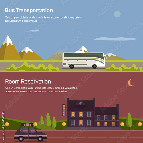 Bus and car with luggage or baggage on road near mountains and bushes under sky with sun and moon. Hotel or inn, motel or lodging for room reservation. Concept of traveling and tourism