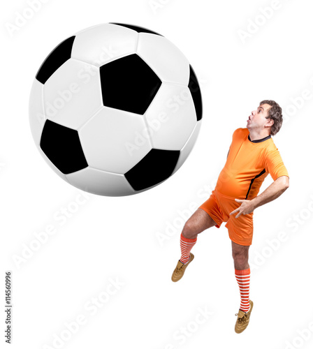 recreational fat footballer play with large ball isolated on a white background