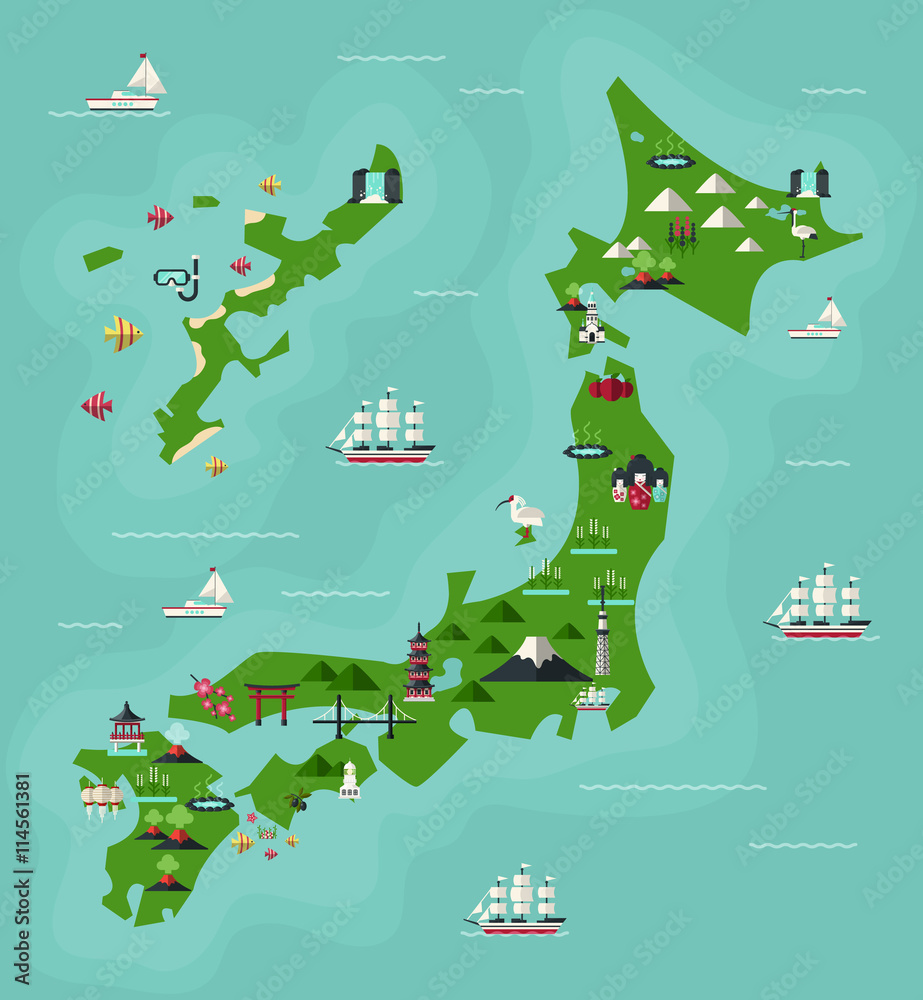 Japan Travel Map with famous Landmarks. Flat Design Style. Stock Vector