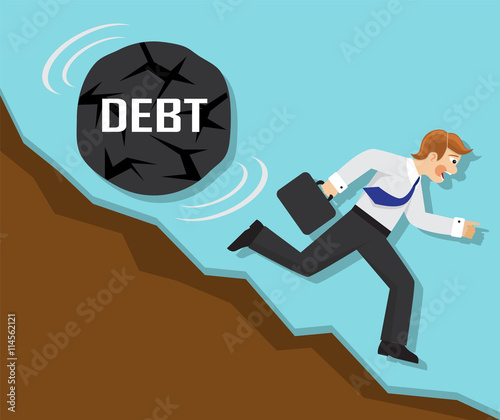 businessman running fast from the mountain, but for businessman rolling a big stone with the word "debt"