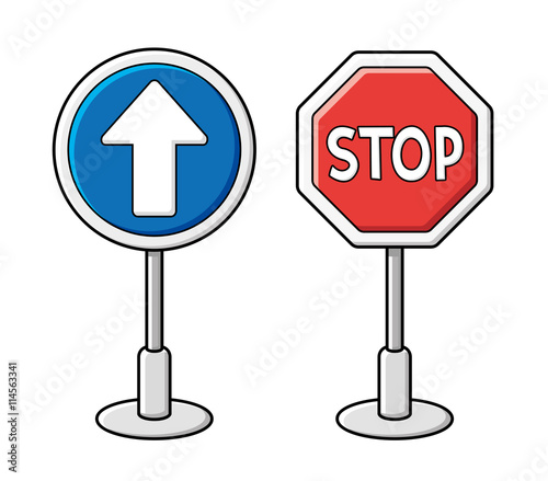 Blue forward direction arrow traffic sign and a stop traffic sign illustration. Movement and stop.