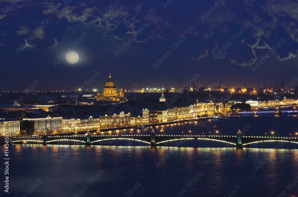 Evening view from the Neva river to St. Isaac's Cathedral and the Bridge