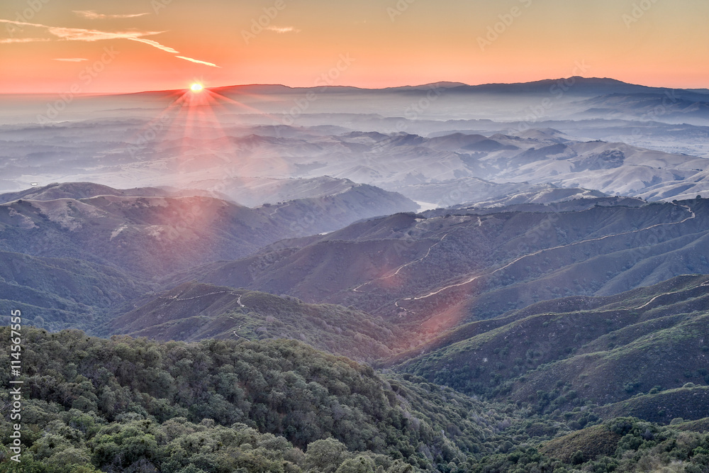 Sunset over the surrounding mountains of Fremont Peak State Park. San Benito and Monterey Counties, California, USA.
