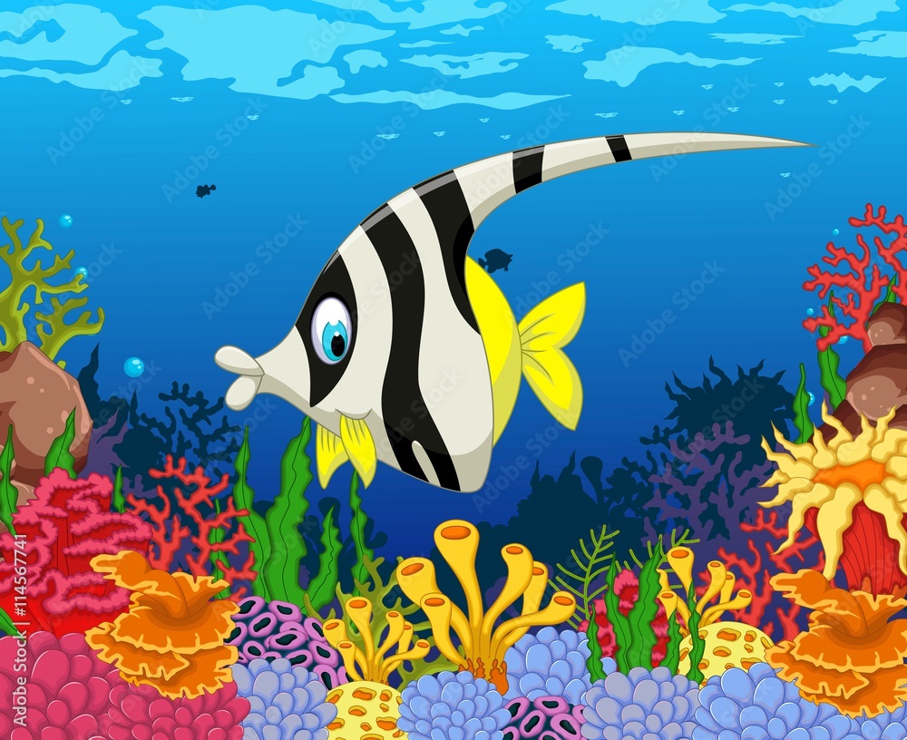 funny black and white angel fish cartoon with beauty sea life background Stock Vector | Adobe Stock funny black and white angel fish cartoon with beauty sea life background Stock Vector | Adobe Stock