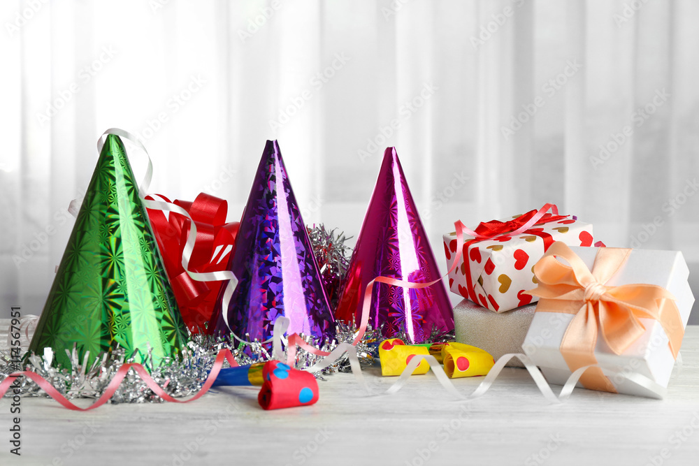 Party hats cone on white table