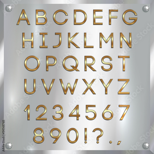 Vector gold coated alphabet letters, digits and punctuation on silver background