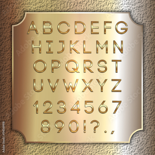 Vector gold coated alphabet letters, digits and punctuation on brass background plate