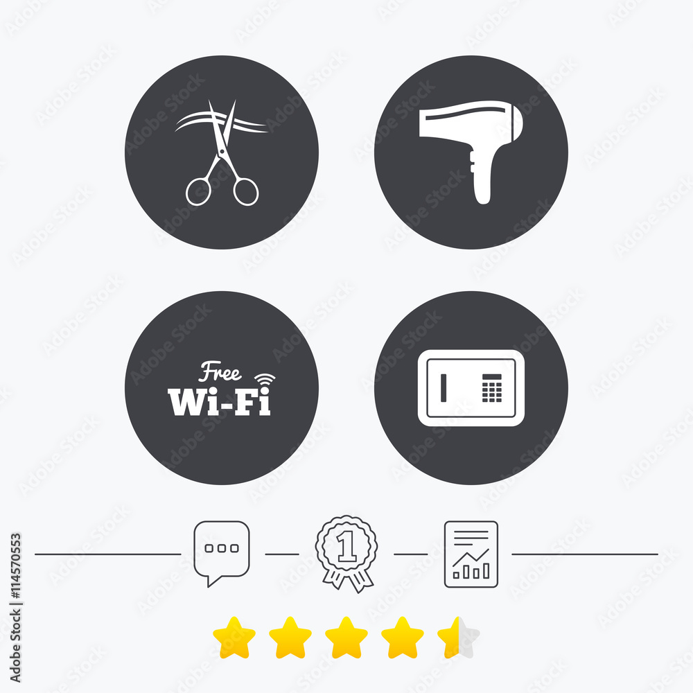 Hotel services icon. Wi-fi, Hairdryer and safe. Hotel services icon. Wi-fi, Hairdryer and safe.
