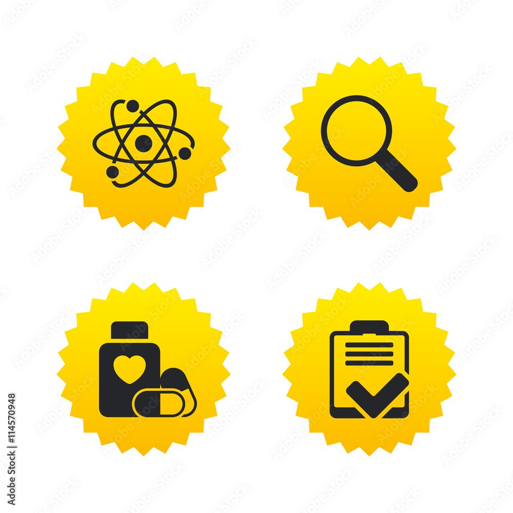 Medical icons. Atom, magnifier glass, checklist. Medical icons. Atom, magnifier glass, checklist.
