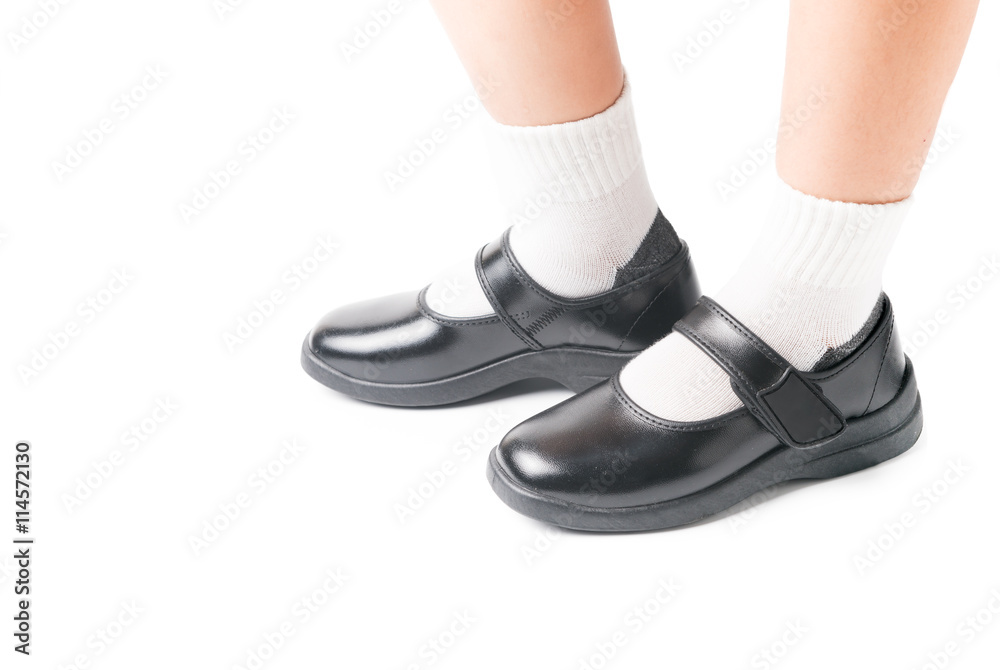 Asian Thai girls schoolgirl student wear a black leather shoes.