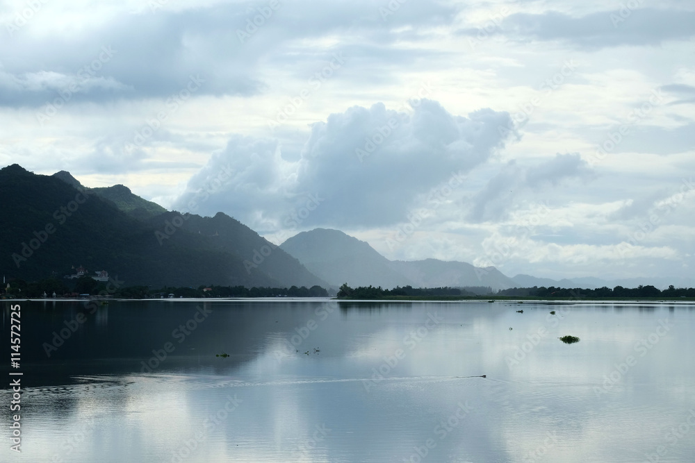 lake and mountain view in  Kanchanaburi province , thailand
