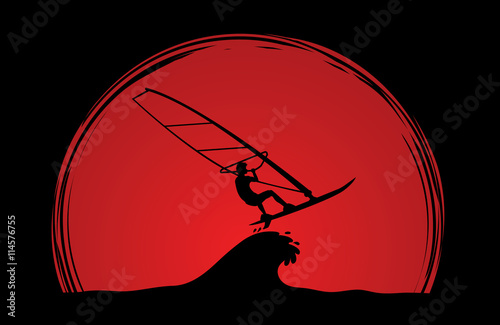 Windsurfing designed on sunset background graphic vector.
