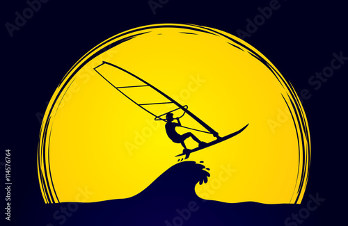 Windsurfing designed on moonlight background graphic vector.