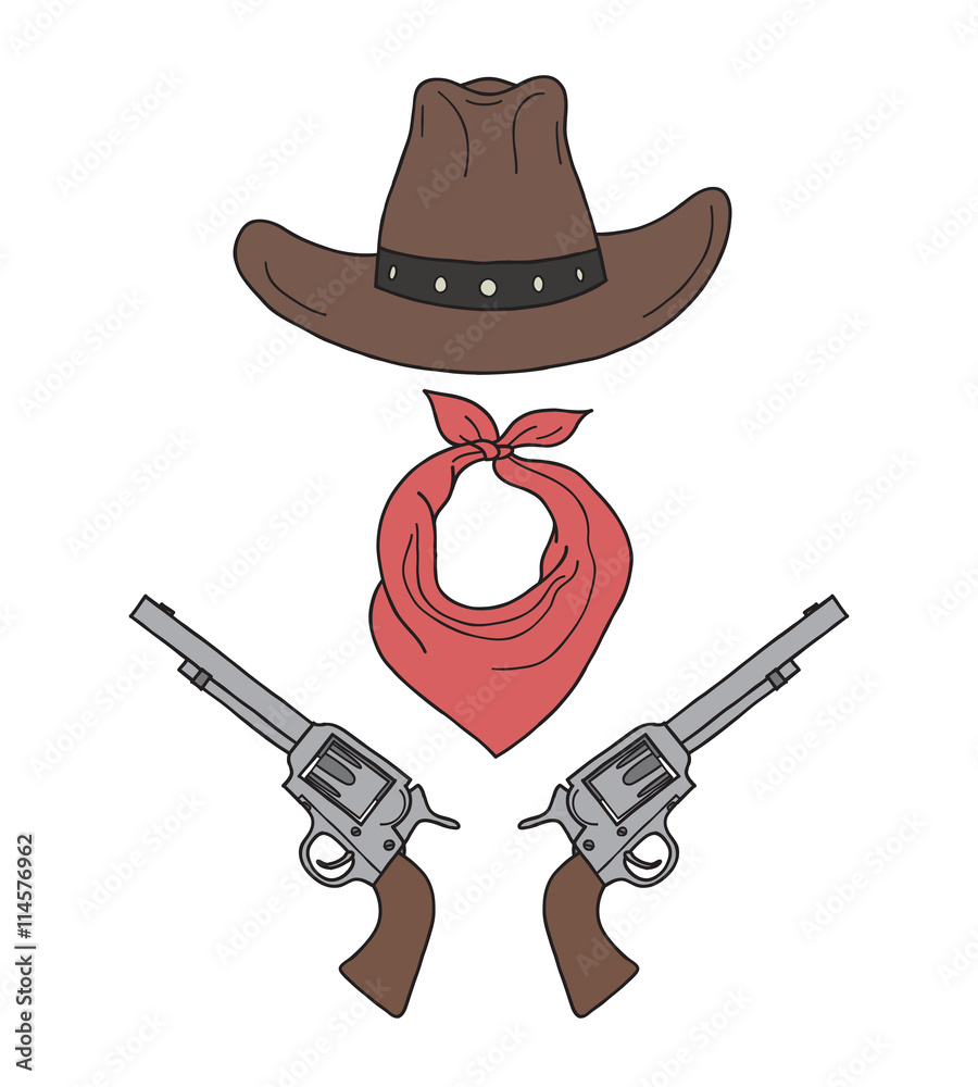 Vector Wild West Western Colored Elements. Hand Drawn Cowboy Accessories.  Cowboy Hat, Bandana, Revolvers on White Background. Vector Doodle Boy  Illustration Stock Vector | Adobe Stock