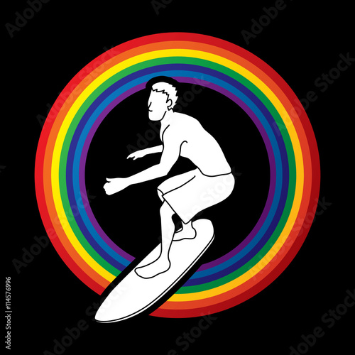 Surfing designed on line rainbows background graphic vector.