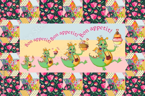 Happy dragons with cupcakes in cute patchwork frame. Childish vector illustration.