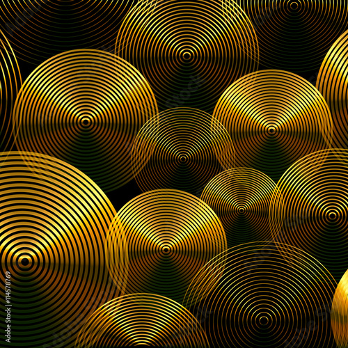 Abstract golden color circles, radial lines vector background