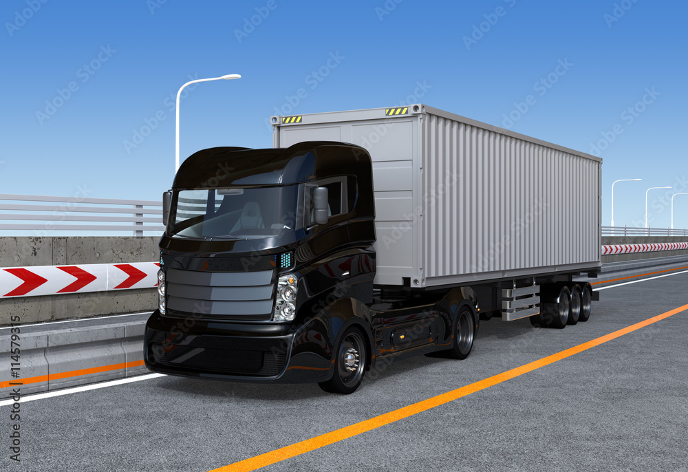Black container truck on the highway. 3D rendering image.