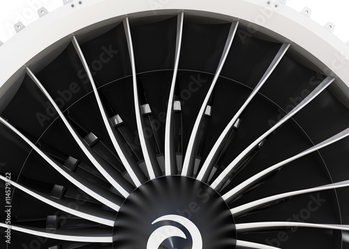 Close-up of jet fan engine turbo blades. 3D rendering image.