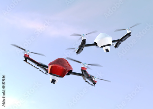 Fototapeta Naklejka Na Ścianę i Meble -  Security drones with camera flying in the sky. 3D rendering image.