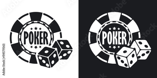 Poker chips with two dices, vector icon. Two-tone version on black and white background