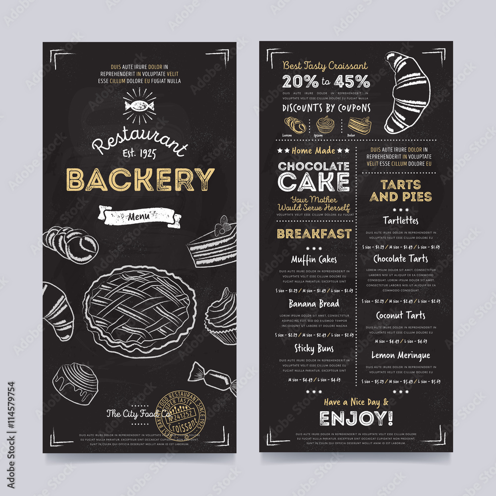 Bakery restaurant cafe menu template design on chalkboard background