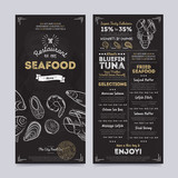 Seafood restaurant cafe menu template design on chalkboard background vector illustration. Cafe food brochure. Vintage menu design.