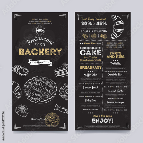 Bakery restaurant cafe menu template design on chalkboard background vector illustration
