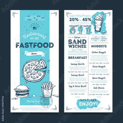 Fastfood restaurant menu template design on chalkboard background vector illustration. Cafe food brochure. Vintage menu design.