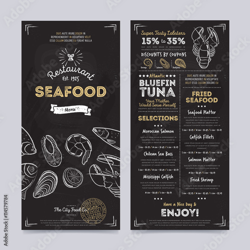 Seafood restaurant cafe menu template design on chalkboard background vector illustration. Cafe food brochure. Vintage menu design.