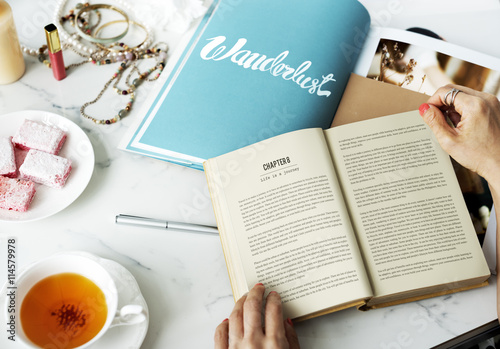 Woman Reading Novel Fiction Magazine Relax Hobby Concept photo